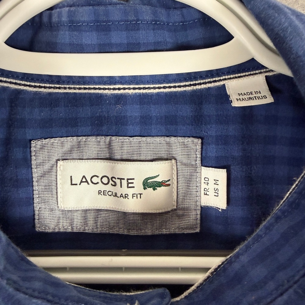 Lacoste Mens Button Down Gingham Poplin Regular Fit Medium Blue Cotton Shirt - Picture 4 of 10